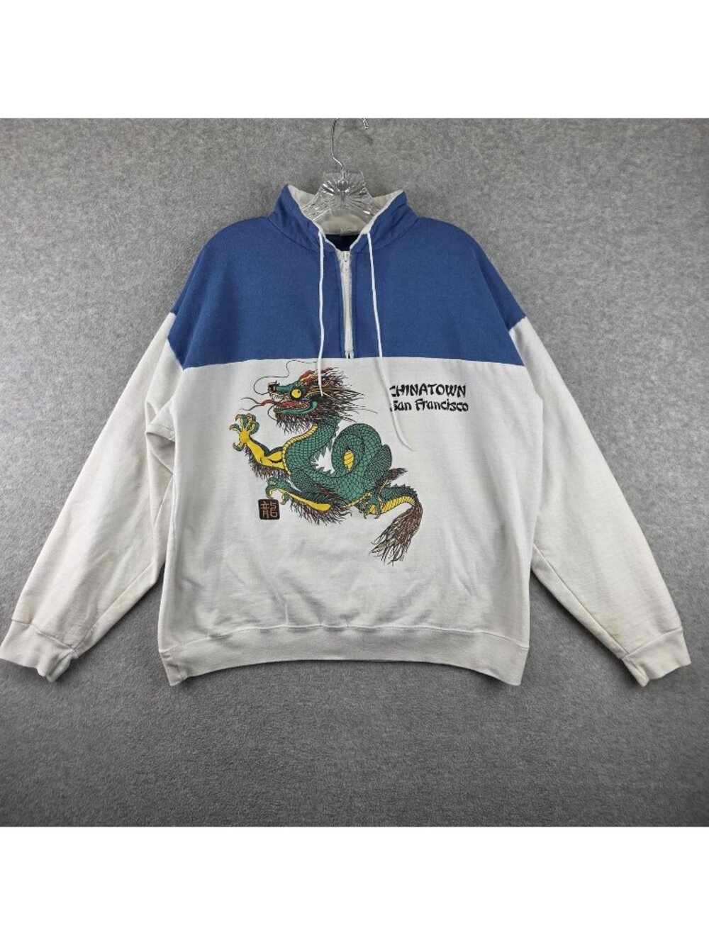 Vintage Chinatown San Francisco Hoodie Mens XL White Dragon 1/4 Zip Graphic